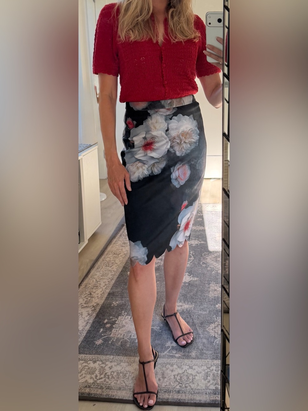 Ted Baker Floral Pencil Skirt in Black with White Blossom Print